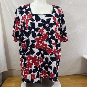 Alfred Dunner Women 2X Floral Red White Blue Sheer Textured Shirt Top Blouse